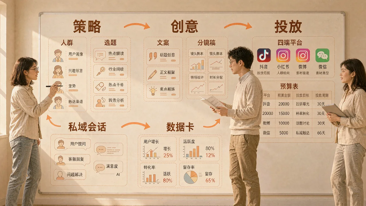 策略、创意、投放与运营四岗协同分工